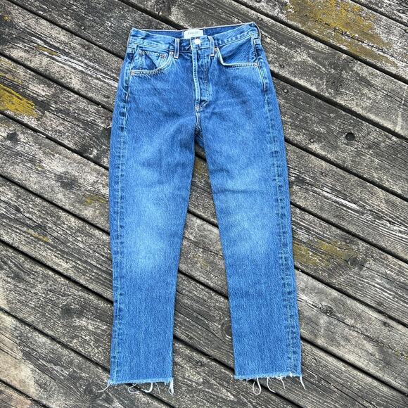 AGOLDE Riley Crop Jeans Women Size 24 High Rise Straight Leg Raw Hem Blue Denim‎ - Picture 1 of 8